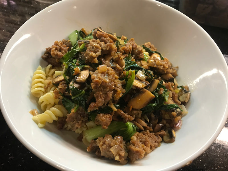 20min meal: Ginger, sausage & bok choy pasta with a kick